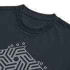 GeoTron B&W cotton box t-shirt in Navy Blazer, close-up at the collar: white hexagon of interlocking chevrons
