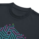 GeoTron Turquoise cotton box t-shirt in Navy Blazer, close-up at the collar: turquoise chevron hexagon