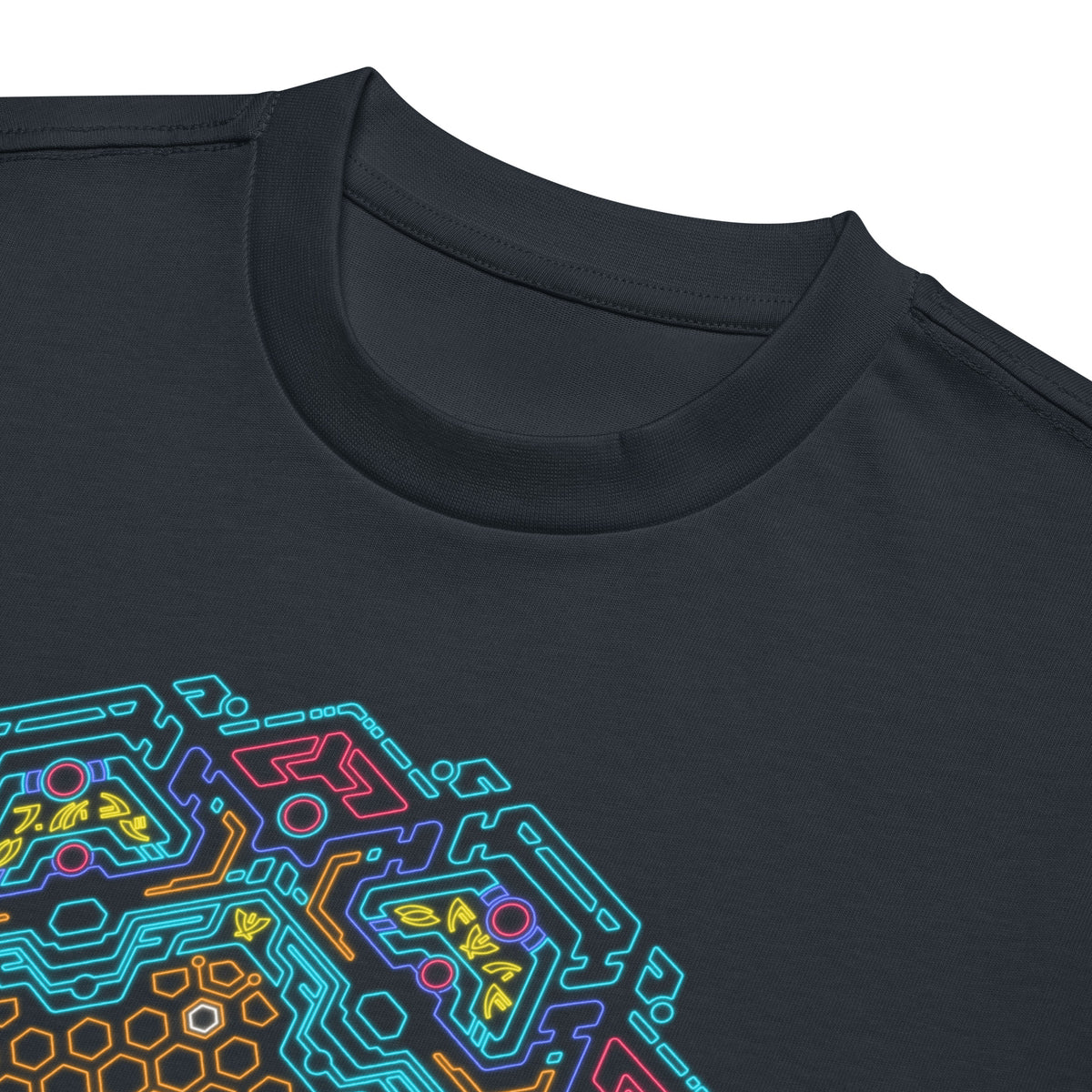 Neural Program Gold cotton box t-shirt in Navy Blazer, close-up at the collar: gold and turquoise mandala