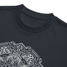 Neural Program B&W cotton box t-shirt in Navy Blazer, close-up at the collar: white honeycomb star wrapped in circuit lines