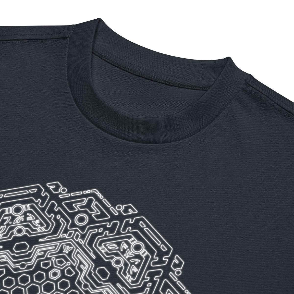 Neural Program B&W cotton box t-shirt in Navy Blazer, close-up at the collar: white honeycomb star wrapped in circuit lines