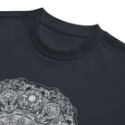 Stargate Origin B&W cotton box t-shirt in Navy Blazer, close-up at the collar: round white mandala