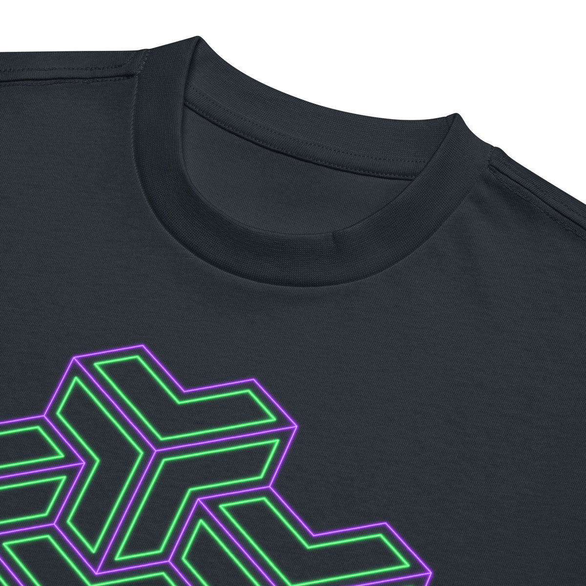 TreeStar cotton box t-shirt in Navy Blazer, close-up at the collar: green and violet Y-shaped blocks stacked like cubes