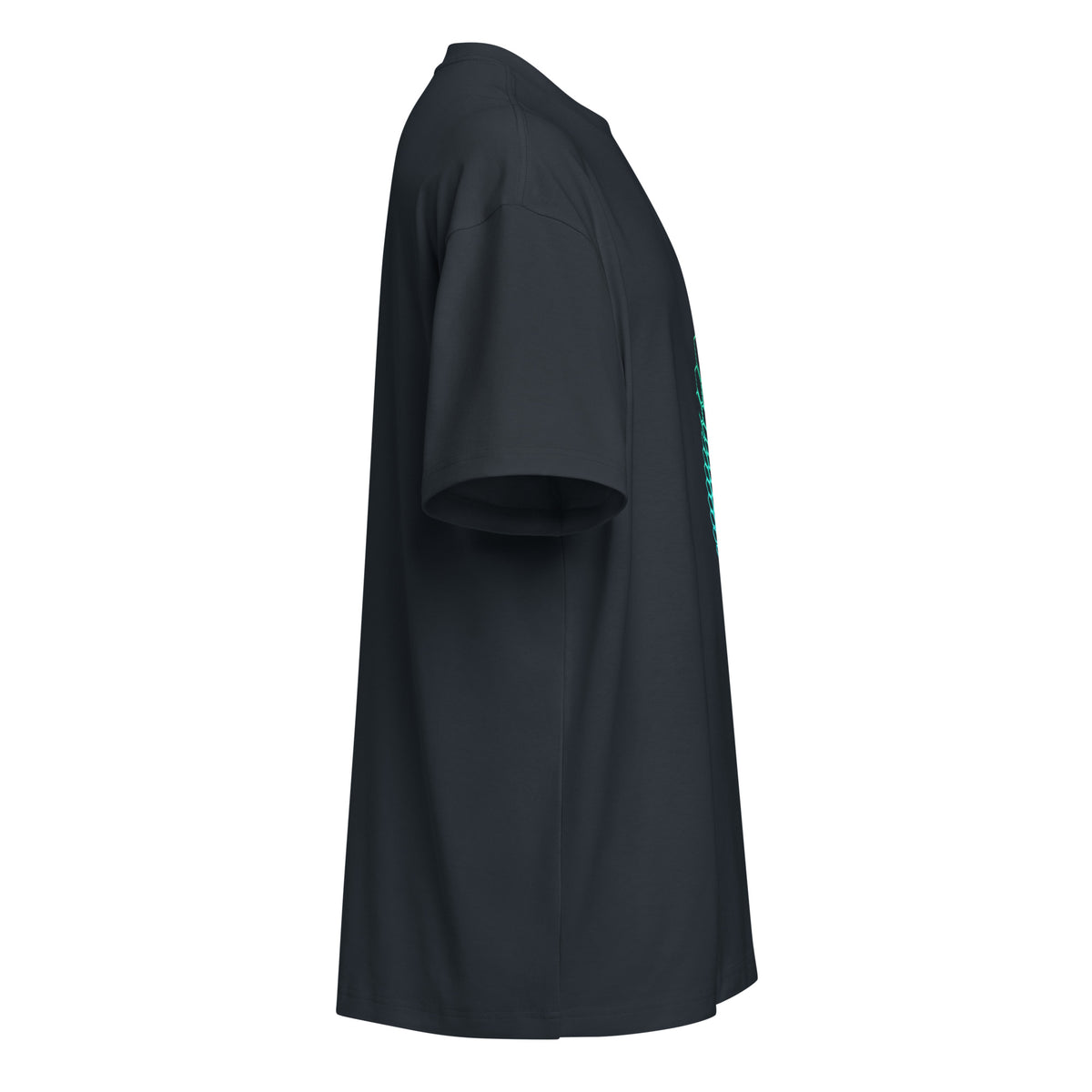 Hexa cotton box t-shirt in Navy Blazer, right side view: plain sleeve, edge of the turquoise front print
