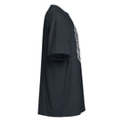 GeoMaster B&W cotton box t-shirt in Navy Blazer, right side view: drop shoulder sleeve, edge of the white front print