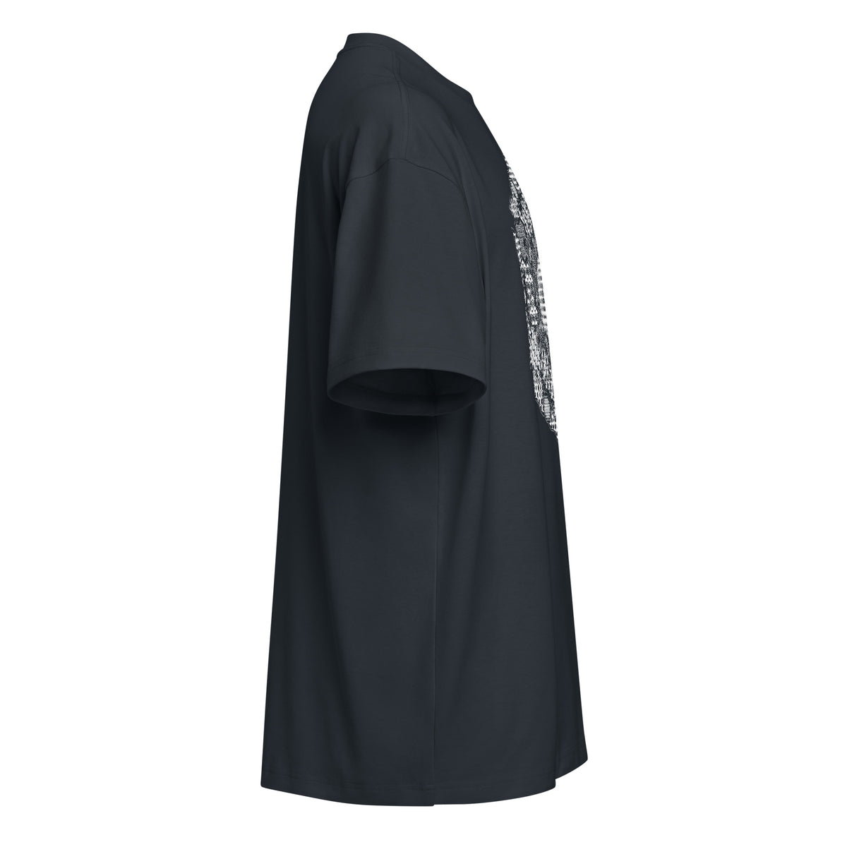 GeoMaster B&W cotton box t-shirt in Navy Blazer, right side view: drop shoulder sleeve, edge of the white front print