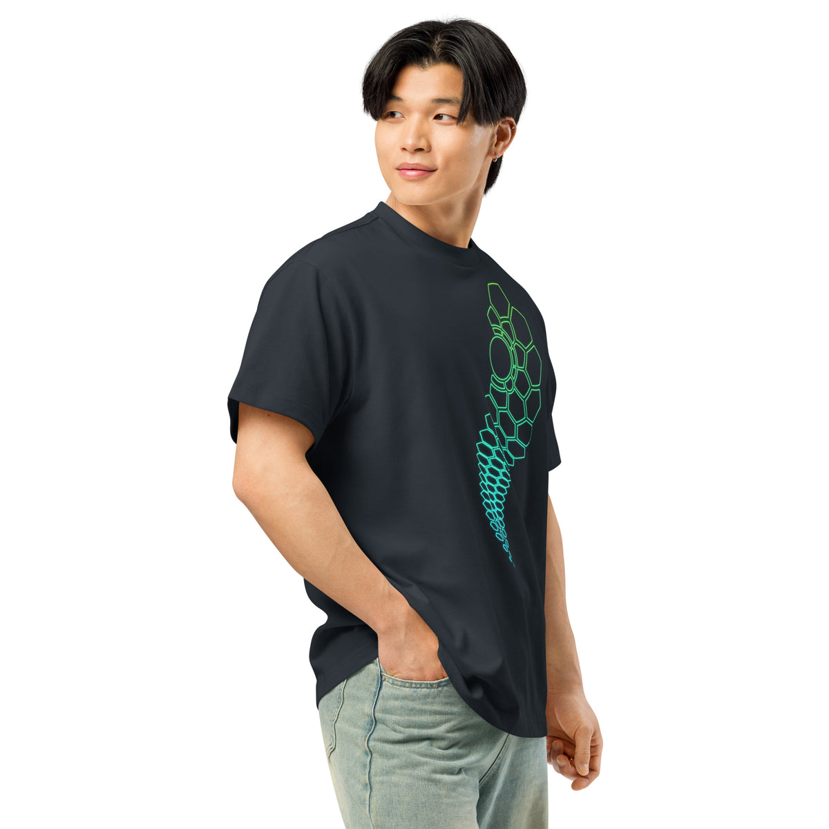 Hexa V2 cotton box t-shirt in Navy Blazer, right front view on a model: green to turquoise hexagon trail
