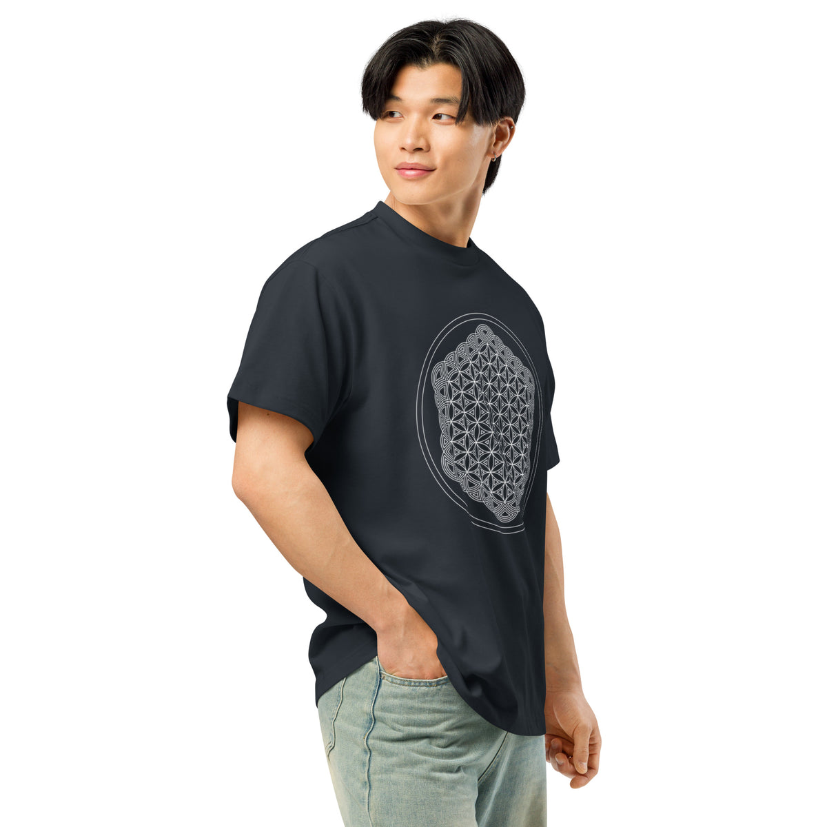 Life of a Flower B&W cotton box t-shirt in Navy Blazer, right front view on a model: the white print from the side