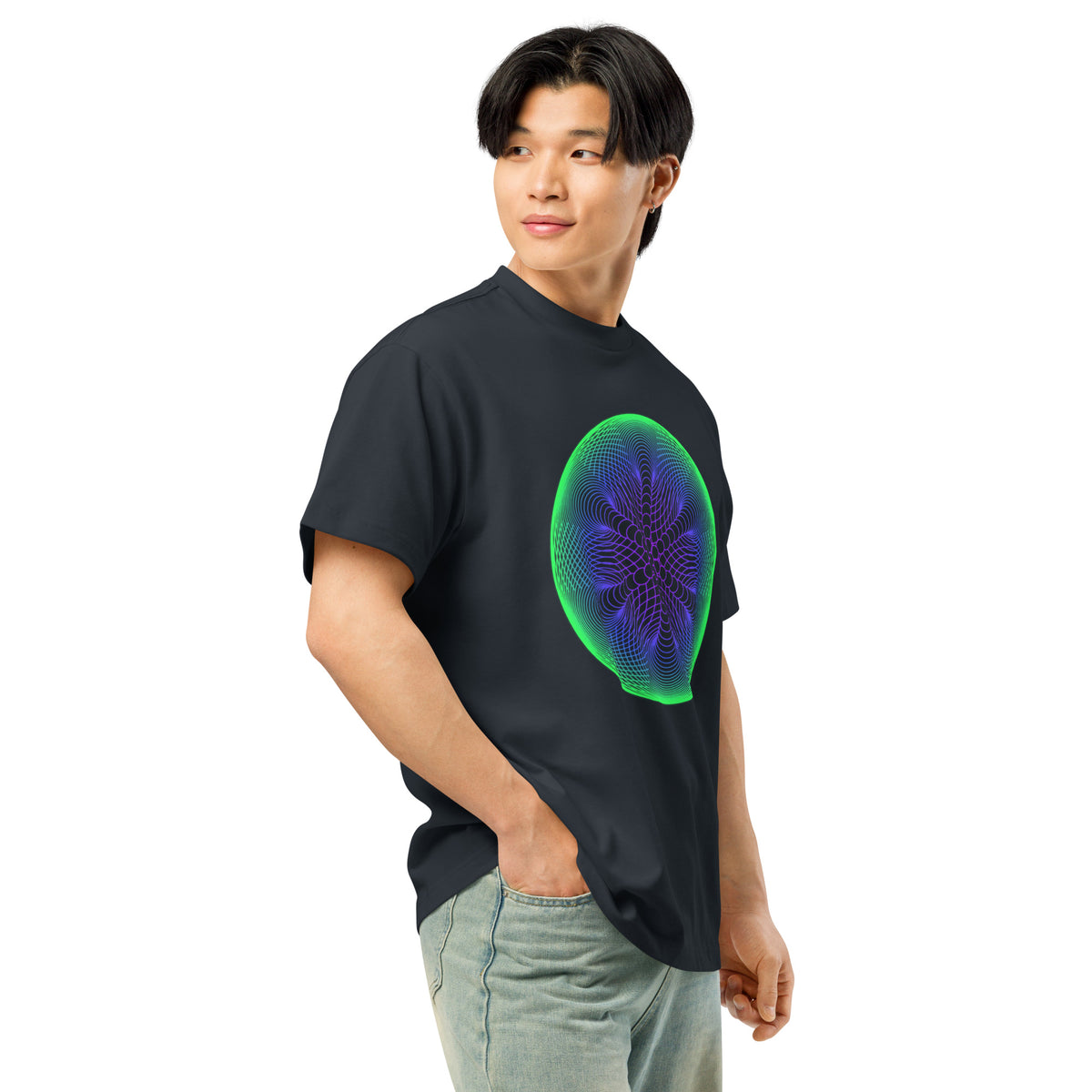 Star Weave cotton box t-shirt in Navy Blazer, right front view on a model: the line disc seen from the side
