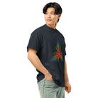Fractal Triangle Rainbow cotton box t-shirt in Navy Blazer, right front view on a model: the triangle print at an angle