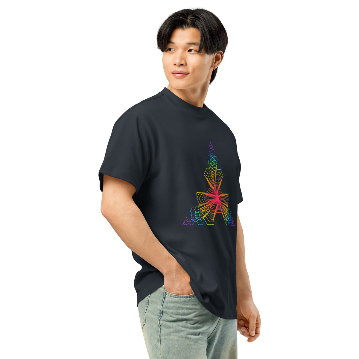Fractal Triangle Rainbow cotton box t-shirt in Navy Blazer, right front view on a model: the triangle print at an angle