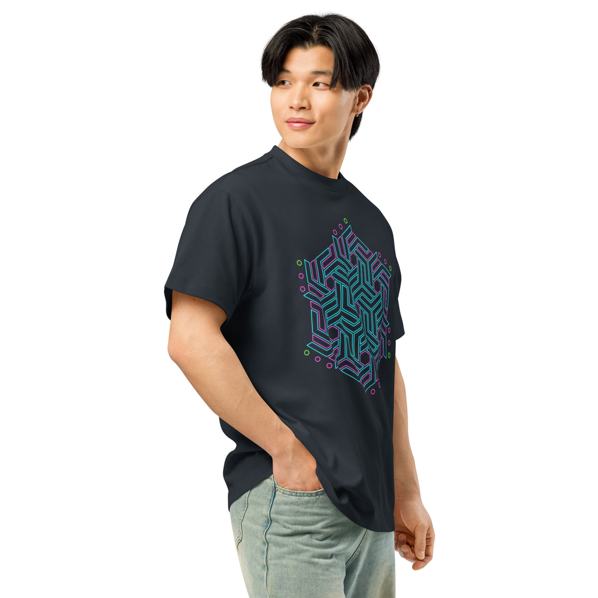 GeoTron Turquoise cotton box t-shirt in Navy Blazer, right front view on a model: turquoise chevron hexagon