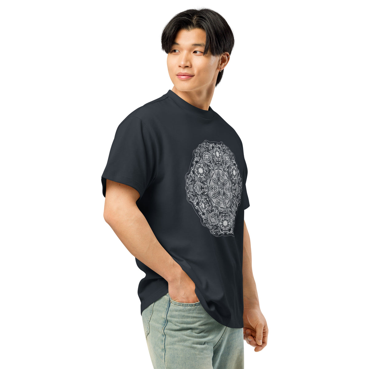 Stargate Origin B&W cotton box t-shirt in Navy Blazer, right front view on a model: round white mandala