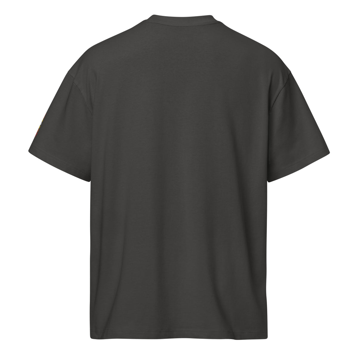 Invaders 2 embroidered box tee in Vintage Black, back view: plain back, edge of the left sleeve strip