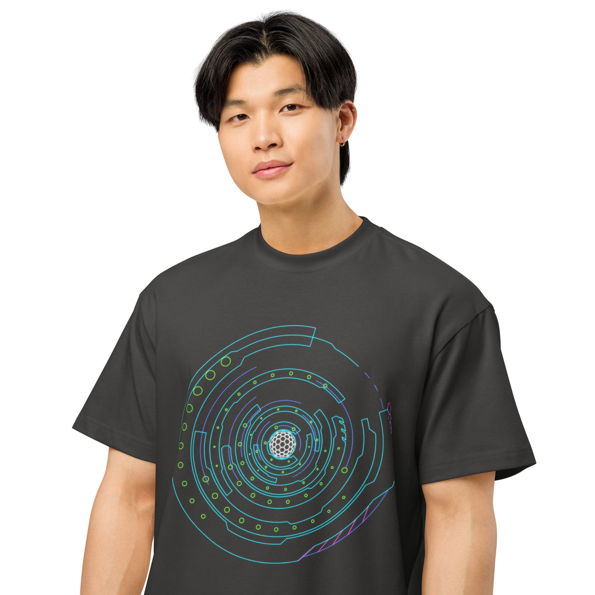 Hex Core cotton box t-shirt in Vintage Black, close front view on a model: white hexagon sphere inside turquoise rings