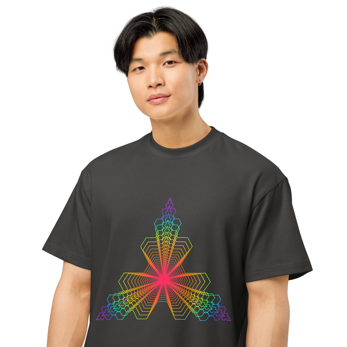 Fractal Triangle Rainbow cotton box t-shirt in Vintage Black, close front view on a model: pink-red centre, violet tips