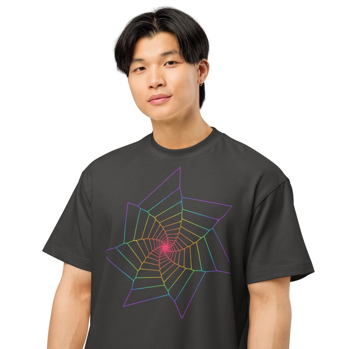 Fibonacci Sequence 2 Rainbow cotton box t-shirt in Vintage Black, close front view on a model: rainbow star spiral