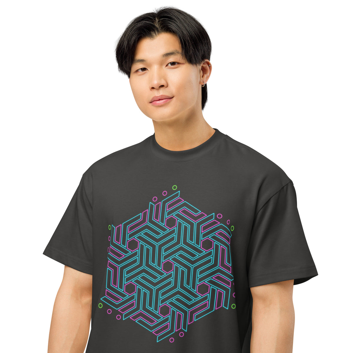 GeoTron Turquoise cotton box t-shirt in Vintage Black, close front view on a model: turquoise chevron hexagon