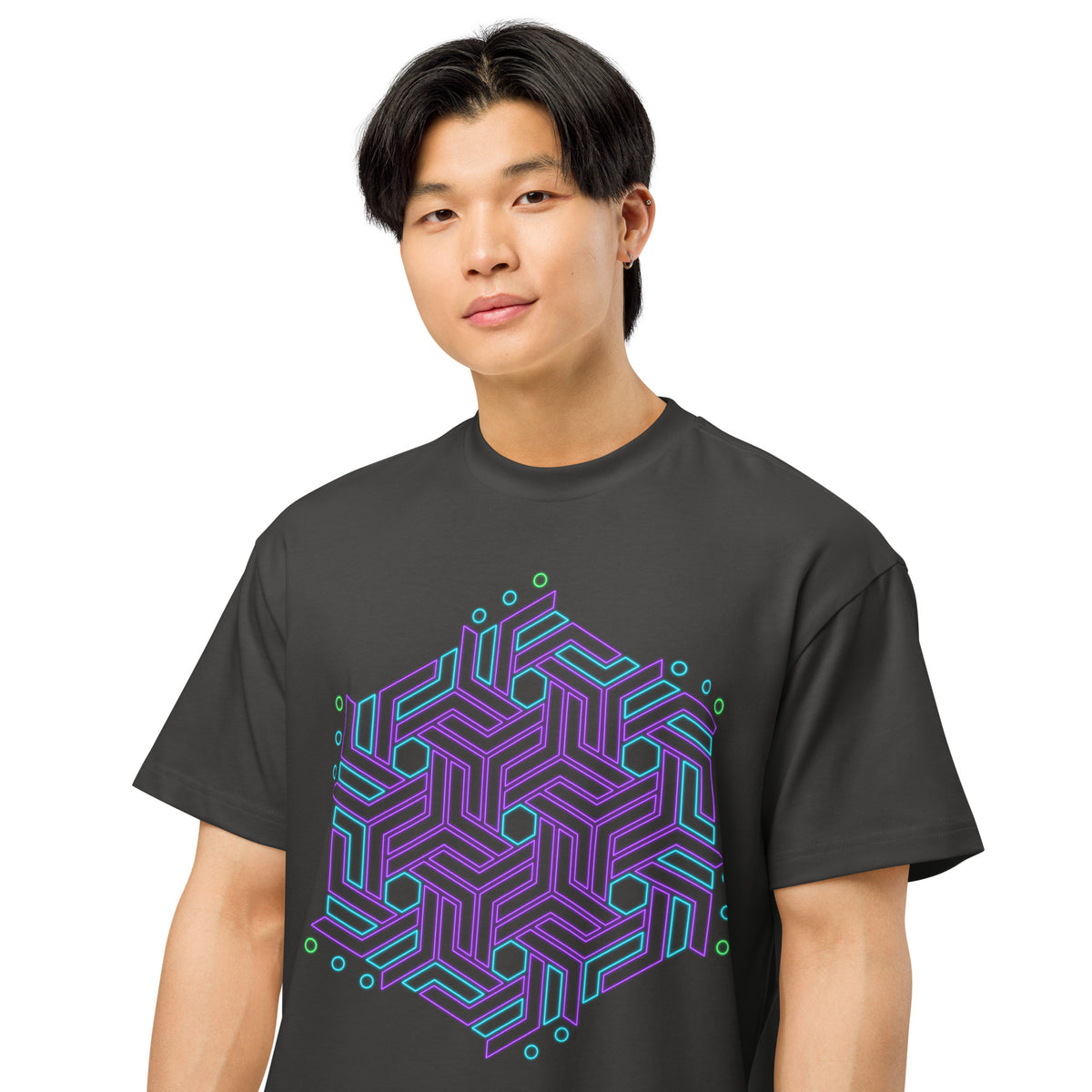 GeoTron Violet cotton box t-shirt in Vintage Black, close front view on a model: violet chevron hexagon