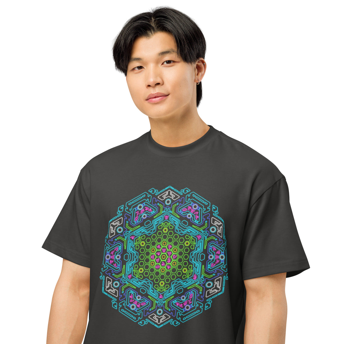 Neural Program Turquoise cotton box t-shirt in Vintage Black, close front view on a model: green and turquoise mandala