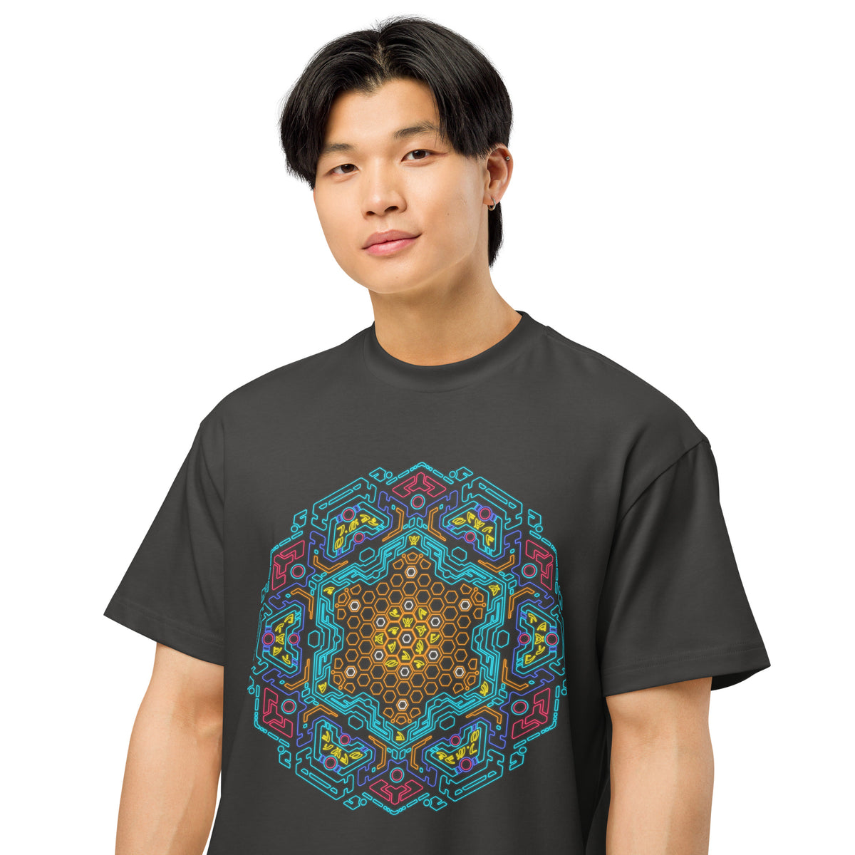 Neural Program Gold cotton box t-shirt in Vintage Black, close front view on a model: gold and turquoise mandala