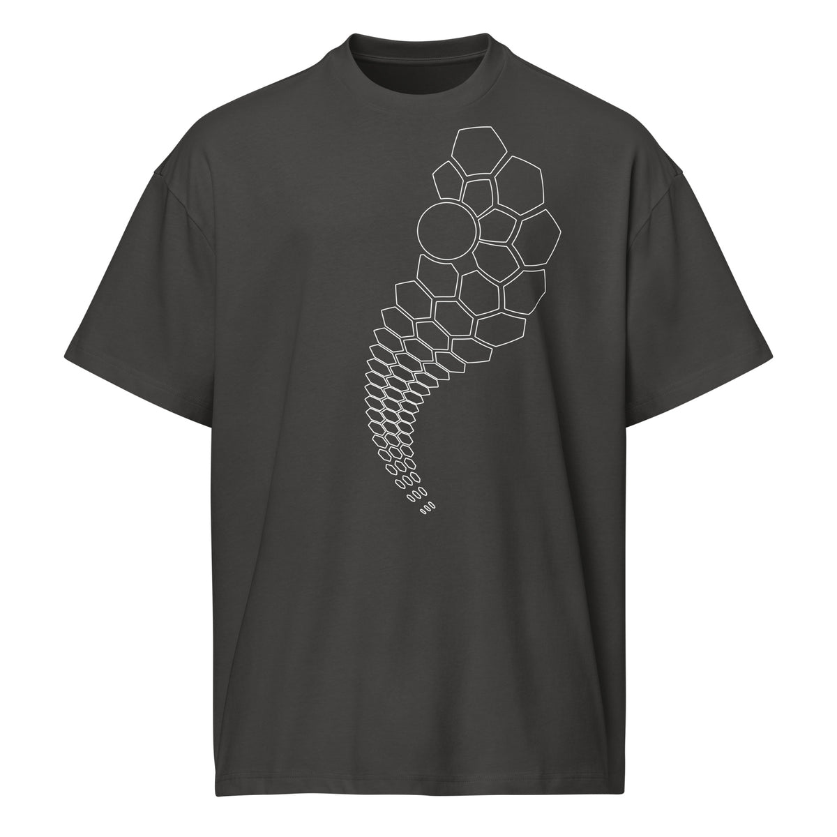 Hexa B&W cotton box t-shirt in Vintage Black, front view: white hexagon outlines from the left chest to mid-shirt