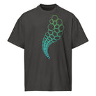 Hexa cotton box t-shirt in Vintage Black, front view: outlined cells shrinking into small hexagons, lime green to turquoise