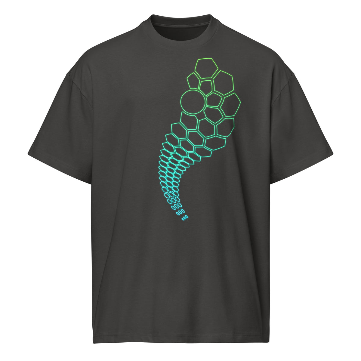 Hexa cotton box t-shirt in Vintage Black, front view: outlined cells shrinking into small hexagons, lime green to turquoise