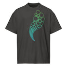 Hexa V2 cotton box t-shirt in Vintage Black, front view: trail of hexagon outlines from the left chest, green to turquoise