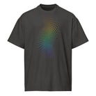Birth cotton box t-shirt in Vintage Black, front view: outlined hexagon field running from red at the top to violet