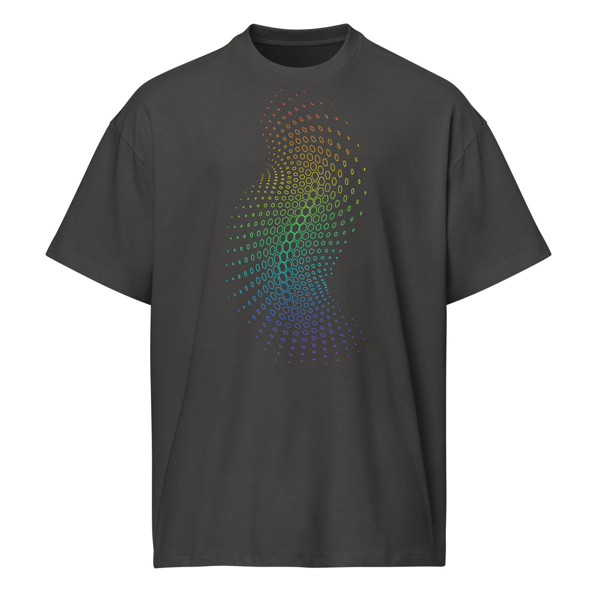 Birth cotton box t-shirt in Vintage Black, front view: outlined hexagon field running from red at the top to violet