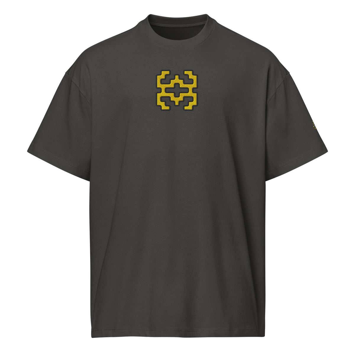 Invaders embroidered box tee in Vintage Black, front view: golden yellow stepped figure with a black outline, centre chest