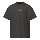 Invaders 2 embroidered box tee in Vintage Black, front view: small red, orange, yellow and white badge in a yellow frame