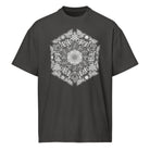 GeoMaster B&W cotton box t-shirt in Vintage Black, front view: white and grey hexagon of cubes, honeycomb cells, medallions