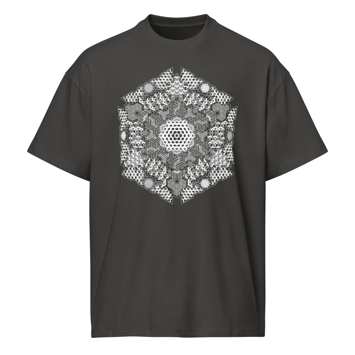 GeoMaster B&W cotton box t-shirt in Vintage Black, front view: white and grey hexagon of cubes, honeycomb cells, medallions