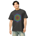 Life of a Flower cotton box t-shirt in Vintage Black, front view on a model: rainbow flower of life print on the chest