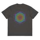 Life of a Flower cotton box t-shirt in Vintage Black, flat front view: rainbow flower of life inside two violet circles
