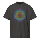 Life of a Flower cotton box t-shirt in Vintage Black, front view: rainbow flower of life pattern inside two violet circles