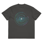 Hex Core cotton box t-shirt in Vintage Black, flat front view: rings, green dots and magenta hexagons on the chest