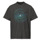 Hex Core cotton box t-shirt in Vintage Black, front view: turquoise, violet and green rings around a white hexagon sphere