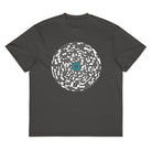Broken Hex Core cotton box t-shirt in Vintage Black, flat front view: white disc of broken rings around a turquoise sphere