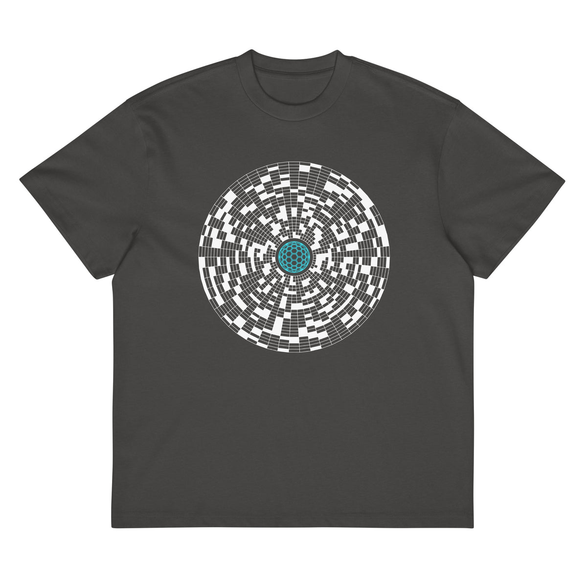 Broken Hex Core cotton box t-shirt in Vintage Black, flat front view: white disc of broken rings around a turquoise sphere