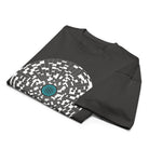 Broken Hex Core cotton box t-shirt in Vintage Black, folded: the turquoise hexagon sphere and part of the white cell disc