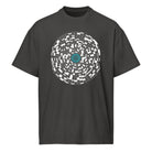 Broken Hex Core cotton box t-shirt in Vintage Black, front view: white cell disc around a turquoise hexagon sphere