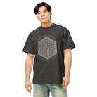 Life of a Flower B&W cotton box t-shirt in Vintage Black, front view on a model: white flower of life print on the chest