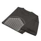 Life of a Flower B&W cotton box t-shirt in Vintage Black, folded: part of the white pattern and its two outer circles