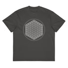 Life of a Flower B&W cotton box t-shirt in Vintage Black, flat front view: white flower of life inside two thin circles