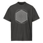 Life of a Flower B&W cotton box t-shirt in Vintage Black, front view: white flower of life pattern inside two thin circles