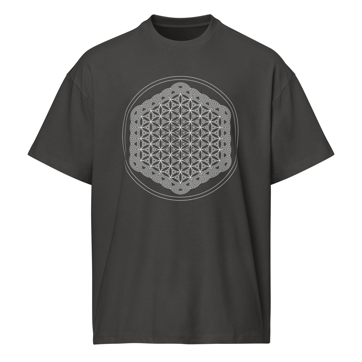 Life of a Flower B&W cotton box t-shirt in Vintage Black, front view: white flower of life pattern inside two thin circles