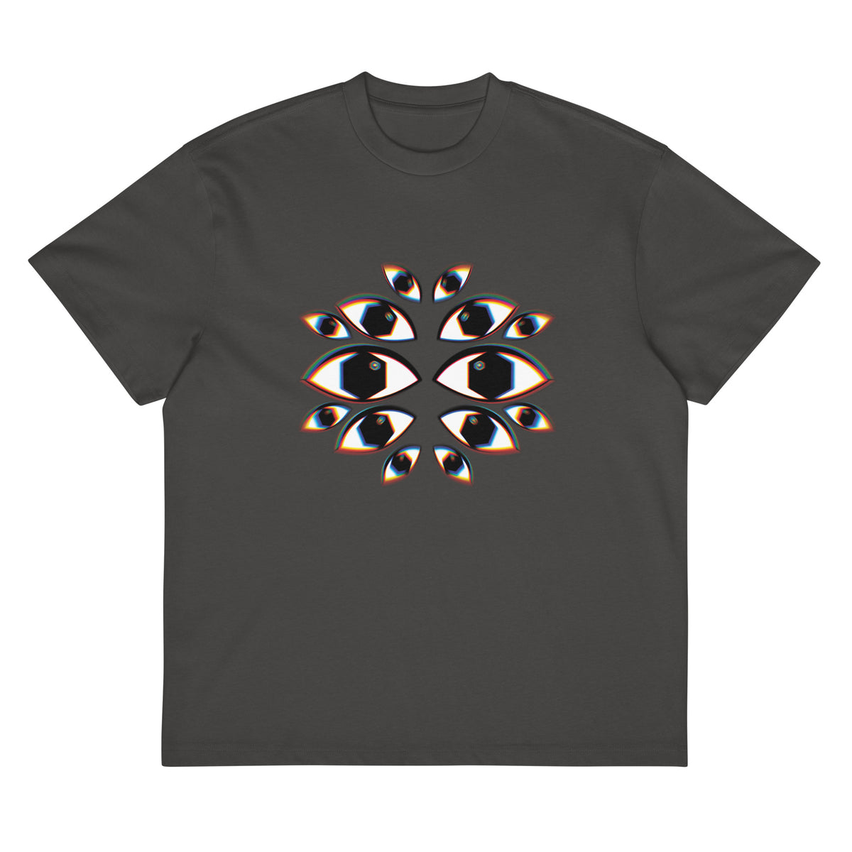 I See You cotton box t-shirt in Vintage Black, flat front: fourteen mirrored eyes with black hexagon pupils on the chest